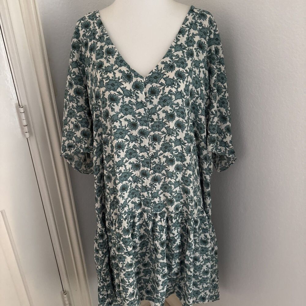 Treasure & Bond 2X Green Blue Ivory Celia Floral Print Drop Waist Dress NWT